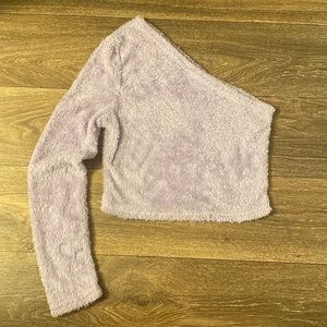 purple one sleeved fuzzy crop top